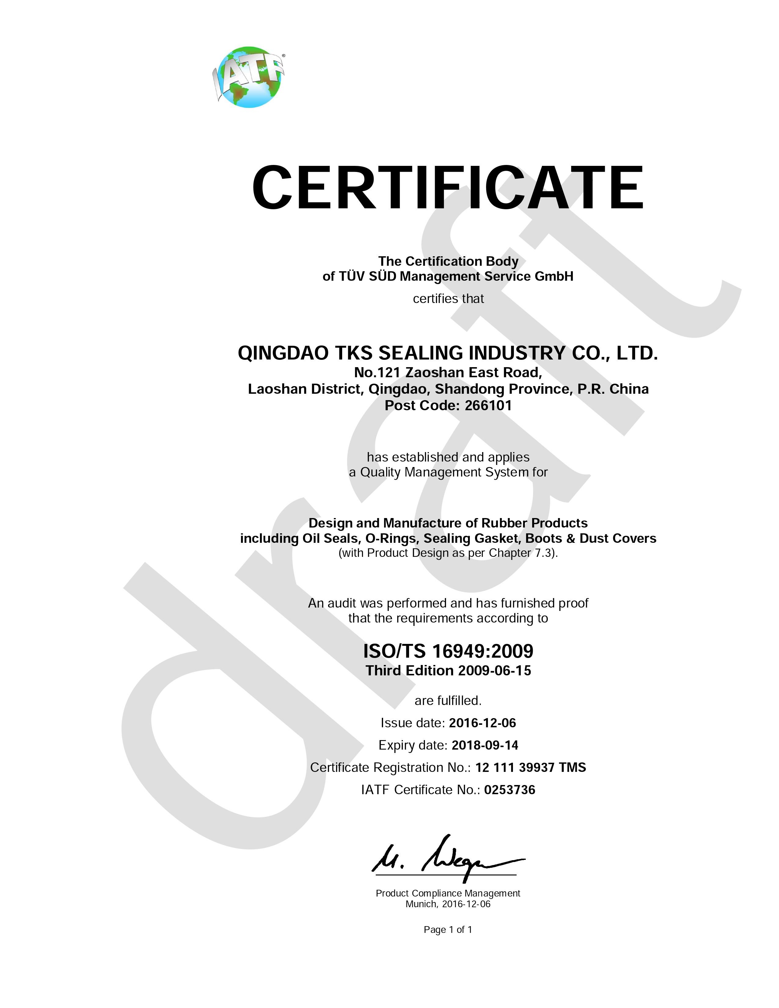 China Qingdao Global Sealing-tec co., Ltd Certificaciones